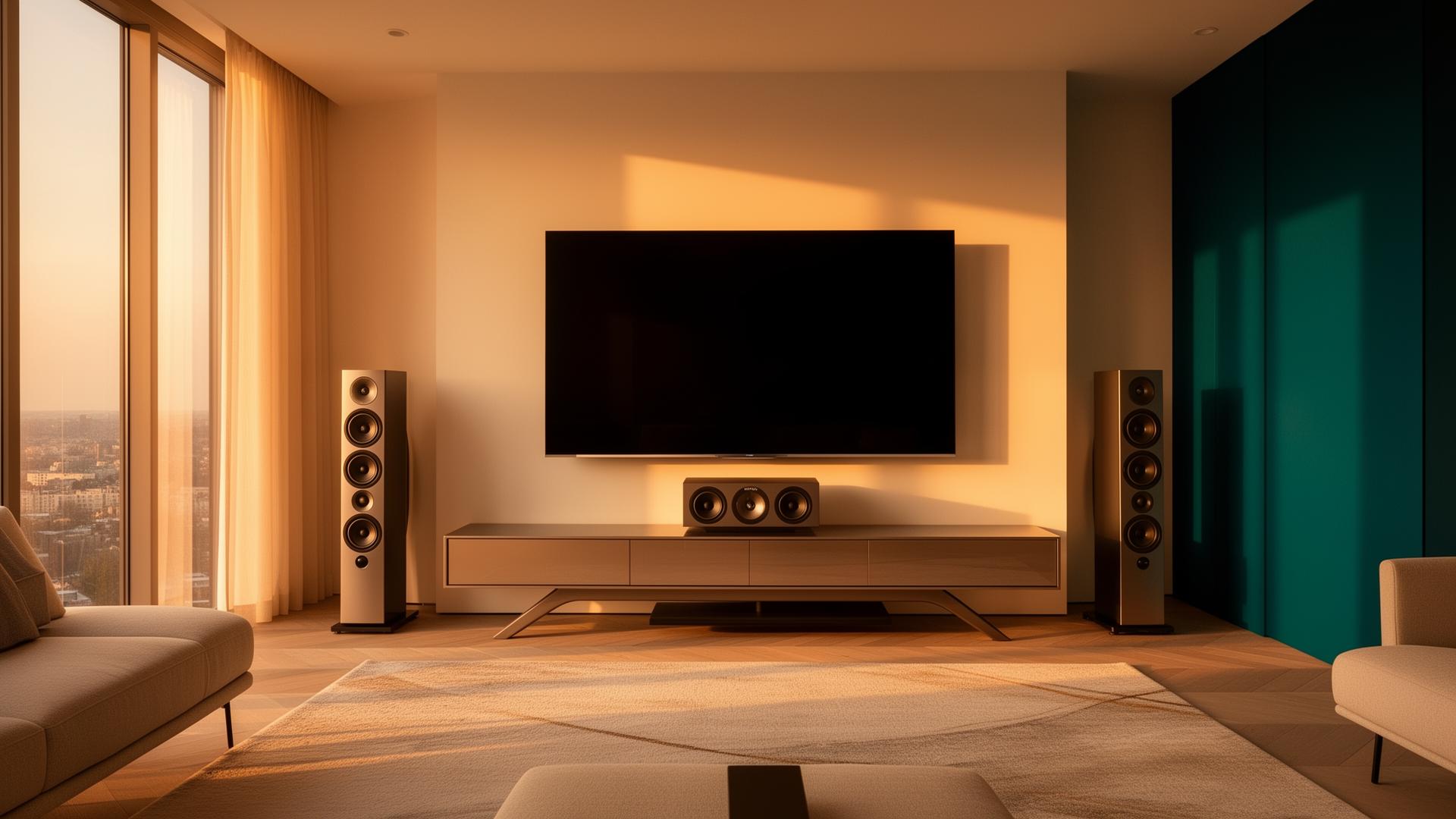 Modernes Wohnzimmer mit Premium TV und Lautsprechern